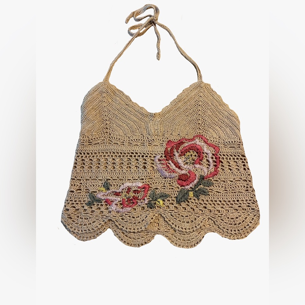 Crochet Halter Top With Floral Embroidery